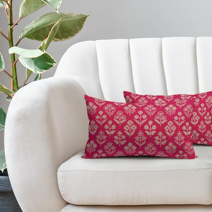 Hot Pink Pillow Covers 12x20 Inch Set of 2, Cream Floral Block Print Pattern Lumbar Decorative Throw Pillowcases Outdoor Farmhouse Rectangle Cushion Covers Spring Summer Sofa Couch Bed Decor