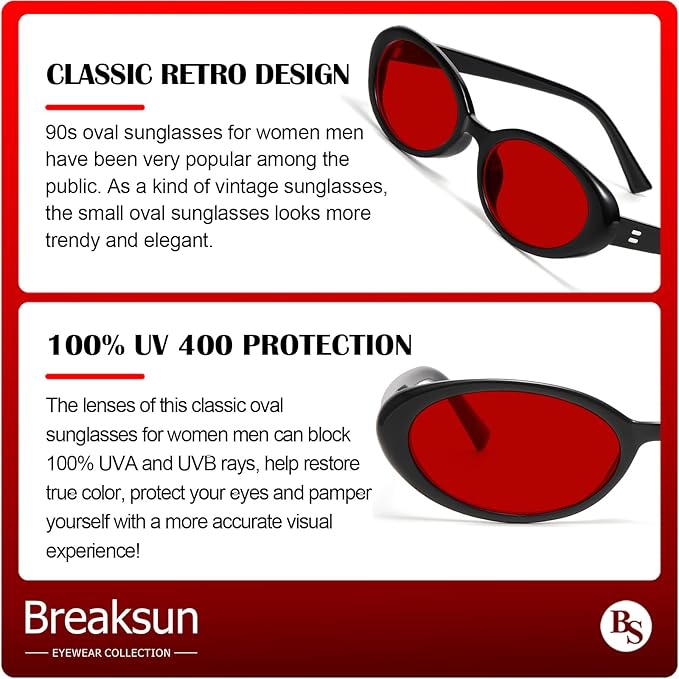 Breaksun Retro Oval Sunglasses for Women Men Fashion Small Oval Sunglasses 90s Vintage Shades
