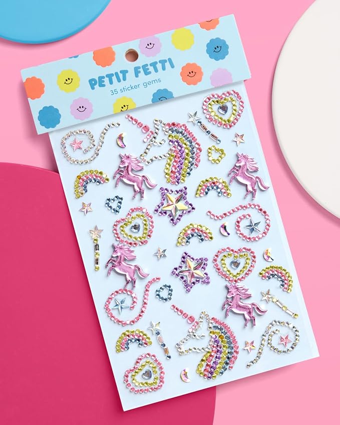 xo, Fetti Unicorn Face Gems, Rainbow - 35 pcs. | Cute Magic Face Stickers, Heart Birthday Rhinestone Accessory, Rainbow Decorations, Starlight Gems