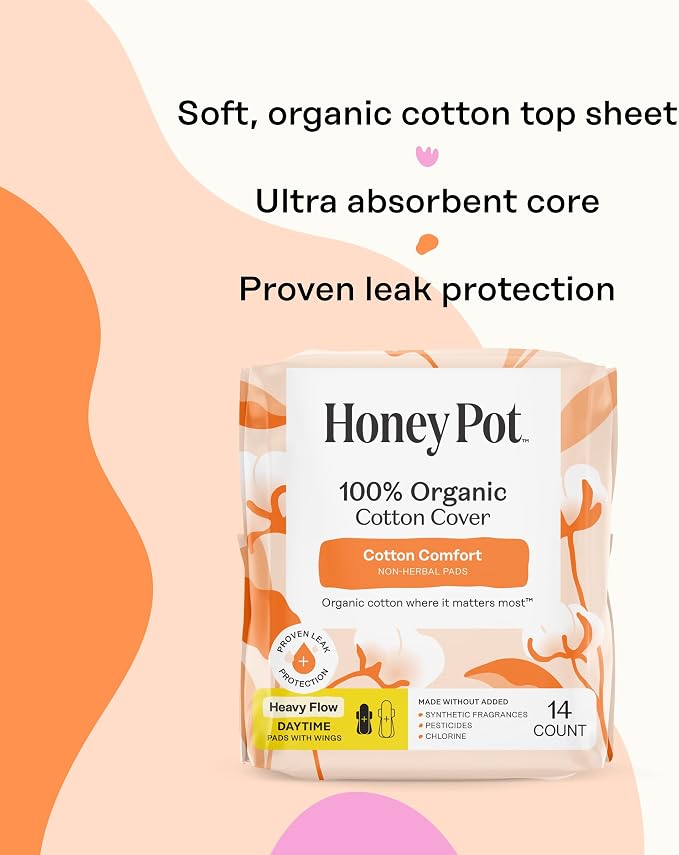 The Honey Pot Company - 56ct - Sanitary Pads for Women - Non-Herbal Heavy Flow Daytime w/Wings - Organic Cotton Cover & Ultra-Absorbent Core - Feminine Care