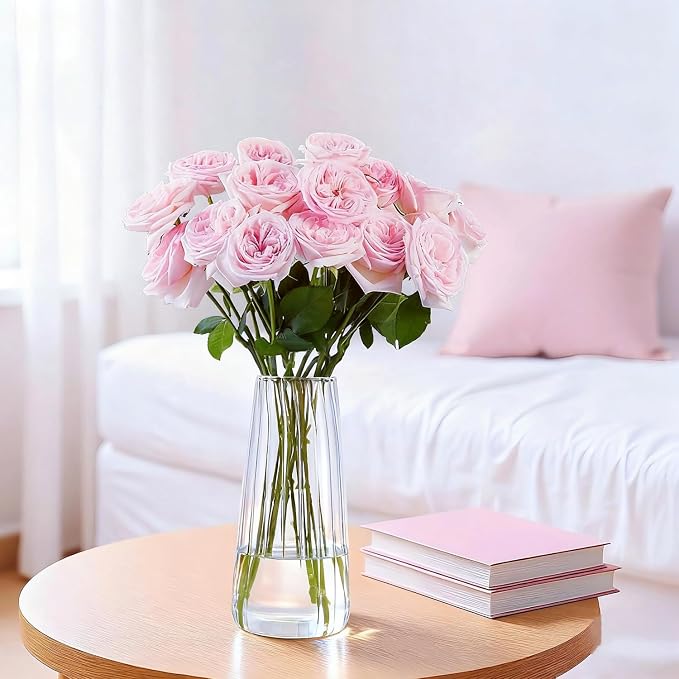 Clear Glass Vase for Flowers, Ribbed Flower Vase for Home Decor, 8.3in H | Modern Glass Vases Centerpieces for Living Room,Bedroom,Dining Room,Bathroom,Office,Wedding, Housewarming Valentine Gifts