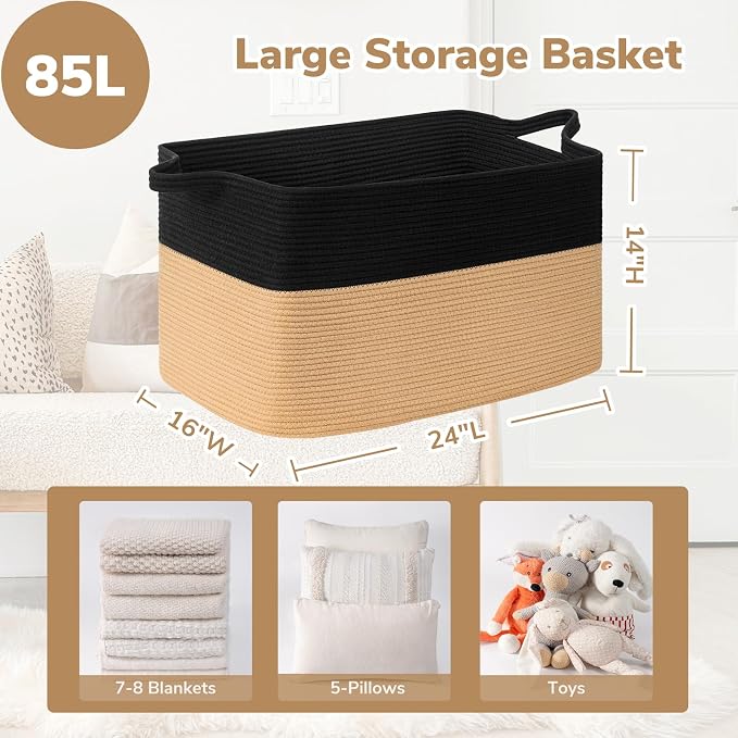 Goodpick 85L Large Woven Rope Blanket Basket, Rectangle, Black & Camel | 23.6'' x 15.7'' x 13.8'' Wicker Storage Basket for Blankets, Pillows & Toys, Home Organization & Decor, Reinforced Handles