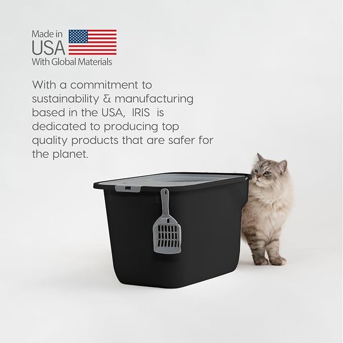 IRIS USA Large Top Entry Cat Litter Box, Hooded Privacy, Black/Gray | Dog-Free Zone, Mess Containment System, Enclosed Top Access, Dog Proof Pan, Reduced Tracking, Odor Trapping