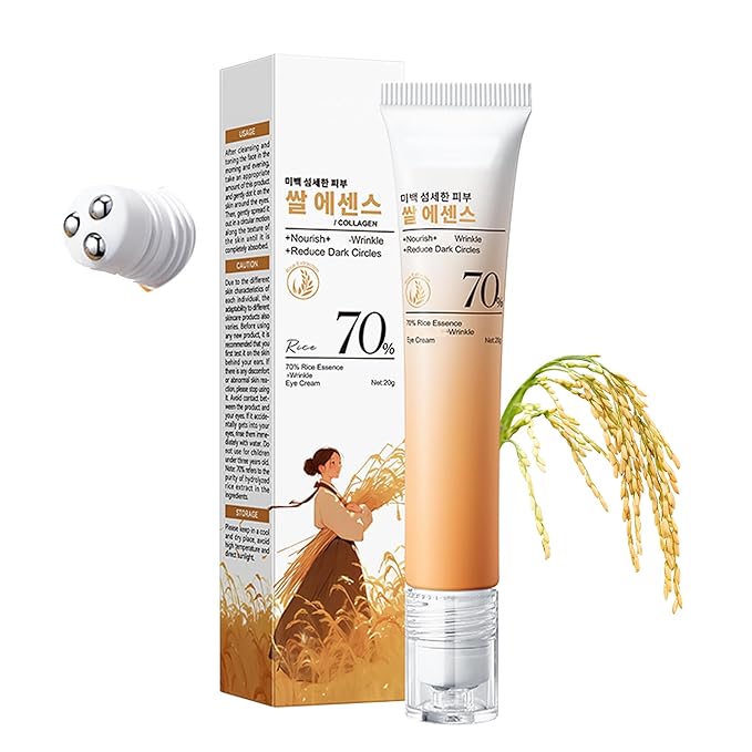 AKARY Roll on Eye Cream with 70% Rice Essence Extract, Moisturize, Tighten, Tender, Triple Roll & Glow Massage Head Under Roller Cream for Elasticity Wrinkles Puffiness Fine Lines-Korean Eye Cream