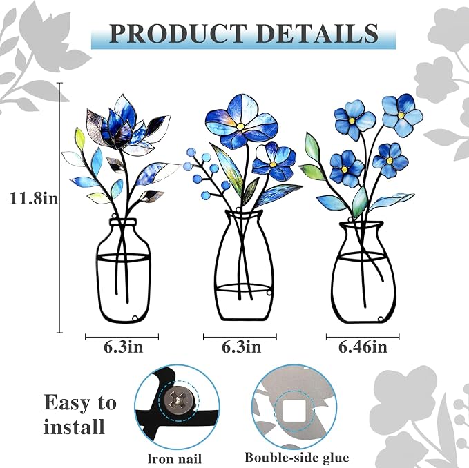 3 Pcs Metal Vase Wall Arts,Iron Art Painting,Rustic Farmhouse Decor Minimalist Flower Wall Decor for Bedroom Bathroom Living Room Dining Room(Blue, Vase-D)