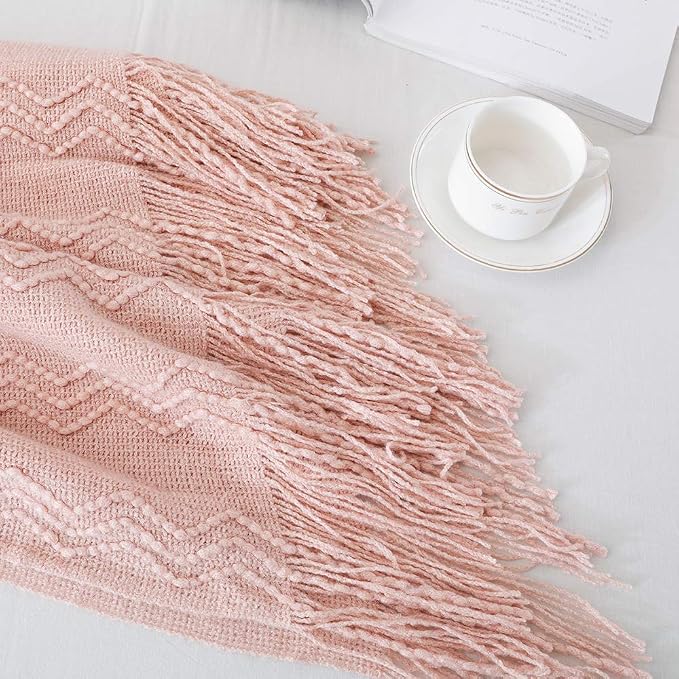 BOURINA Pink Throw Blanket 60x80 Inch Boho Knitted Soft Throw Sofa Blanket | Knitted Throw Blanket 60x80 Inches, Soft Lightweight Boho Weave Throw Decorative Couch Blanket for Living Room Bedroom Chair