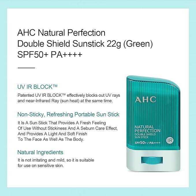gadi place AHC Natural Perfection Double Shield Sunstick 22g / 0.78 Oz (Green) SPF50+ PA++++ | UV Protection Sunscreen Sun for Face and Body stick Korean K-Beauty, 22.0 grams, 1
