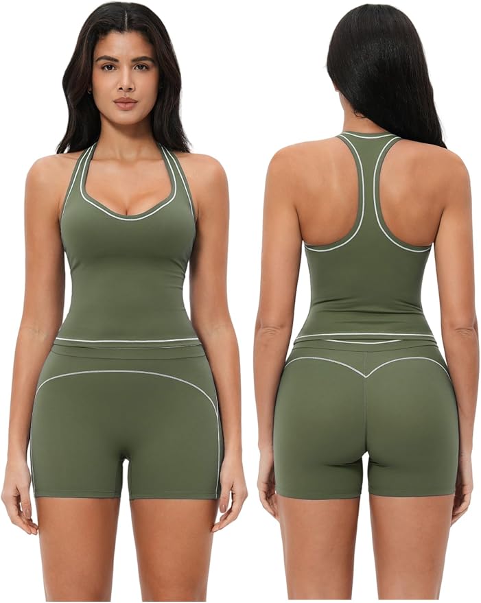QBGJTD Two Piece Workout Sets for Women Color Block Racerback Tank Tops and High Waist Shorts Gym Yoga Outfits