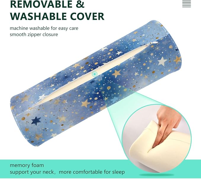 Blue Romantic Golden Stars Neck Roll Pillow Bolster Round Health Memory Foam Long Cervical Cylinder Pillows with Removable Washable Cover for Body Bed Legs Back Yoga