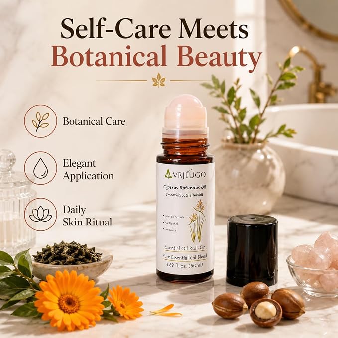 Cyperus Rotundus Oil Roll On for Hair Removal Aftercare, Rose Quartz Roller Botanical After Shave Oil Blend with Argan, Jojoba, Calendula, Lightweight Skin Care for Face & Body, 1.69 Fl Oz