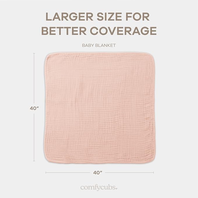 Comfy Cubs Muslin Baby Blanket 40" x 40" L - Swaddle Blankets Blush | Soft, Lightweight, 6-Layer Cotton Breathable Baby Blankets - Comfortable, Gentle & Versatile Cotton Baby Blankets for Sleep