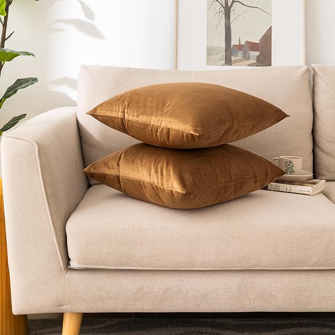 NiNi ALL Brown Velvet Throw Pillow Covers 28x28 Pack of 2 Decorative Couch | Soft Solid Boho Cushion Squar Pillow Cases for Chair Sofa Bedroom Farmhouse Living room Modern Luxury Home Decor Christmas