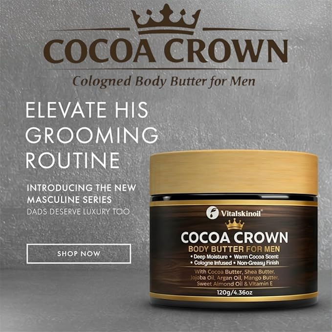 Body Butter for Men, Cocoa Crown Cologne Infused Moisturizer with Cocoa Butter, Shea Butter, Jojoba Oil, Argan Oil, Mango Butter, Sweet Almond Oil & Vitamin E, 4.36oz