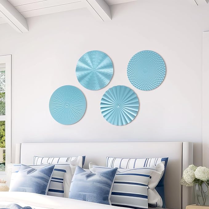Hicarer 4 Pcs 12 Inch Blue Metal Wall Art Decor Modern Sunburst Hanging Artwork Decor Wall Decorations for Home Bedroom Bathroom Living Room Office Sculpture