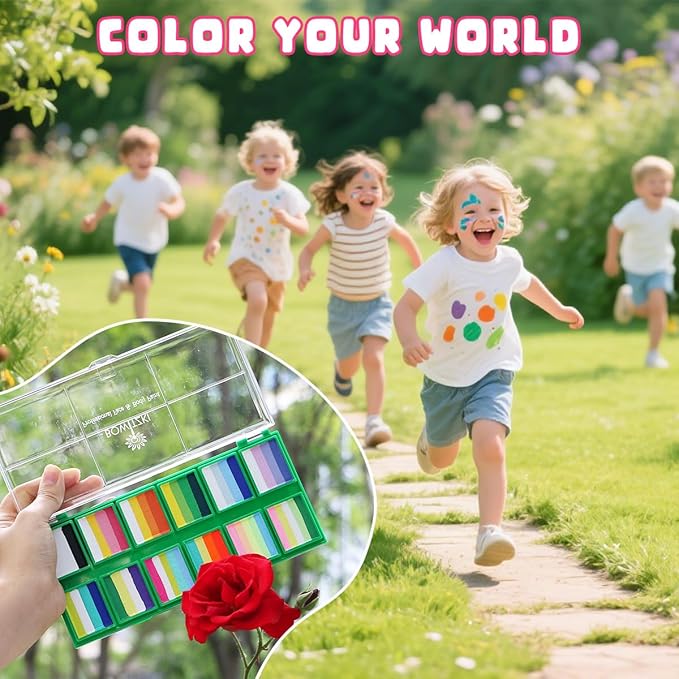 Bowitzki Face Paint 12x10 gm Professional Body Painting Kit For Kids Adults Stencil One Stroke Split Cake Non Toxic Rainbow Flora Unicorn Flame Makeup Halloween Christmas Easter -Green set