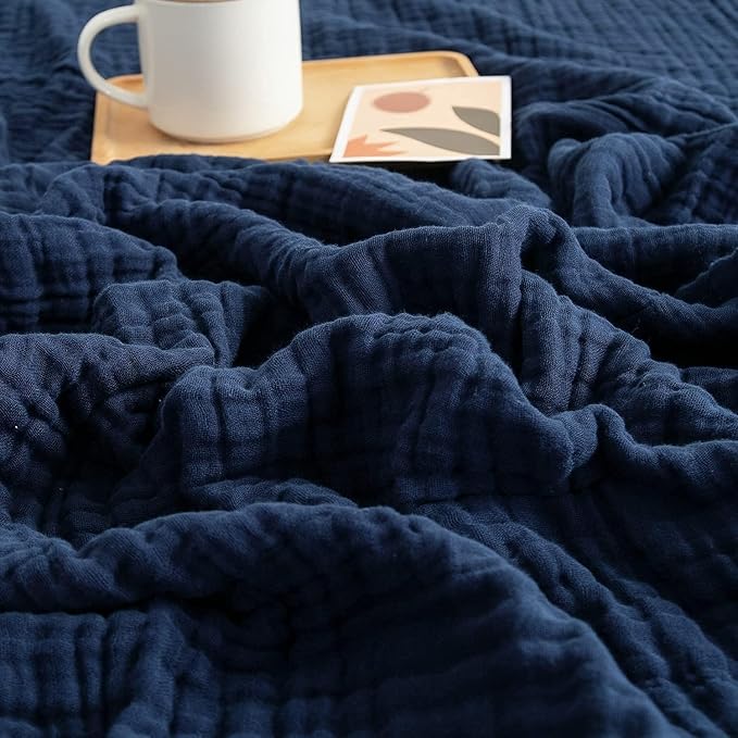EMME Muslin Blankets for Adults Throw Blanket for Couch Breathable Gauze Soft Lightweight Airy Navy Super King 120" x 94"