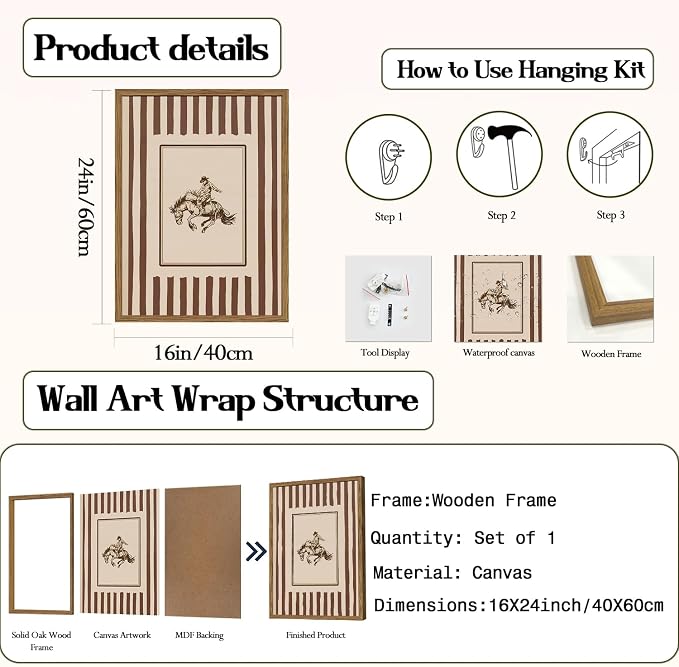 Vintage Western Cowboy Wall Art Retro Striped Cowboy Rodeo Wall Decor Paintings, Southwestern Country Horse Poster Canvas Prints for Bedroom Farmhouse Living Room 16x24 inch Framed