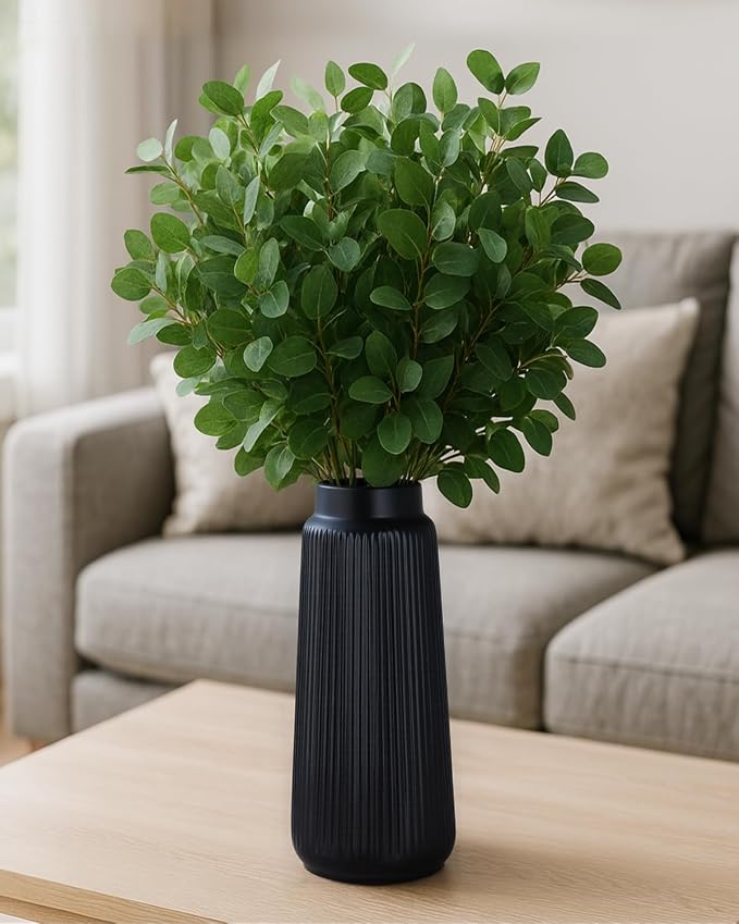 Black Ceramic Vase, 8 Inch Conical Flower Vase with Narrow Mouth for Pampas Grass, Modern Tapered Decorative Vase for Home Decor, Living Room Table, Shelf