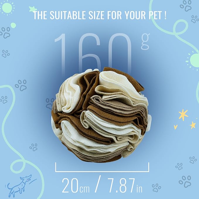 Pet Snuffle Ball, Puzzle Sniffing Interactive Dog Ball for Blind Dogs Training Stress Relief Dog Enrichment Toys Treat Machine Washable (20cm, Milk Tea Brown)