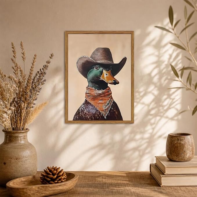 Framed Vintage Western Duck Wall Art, Cowboy Mallard Duck Pictures Wall Decor, Whimsical Farmhouse Animal Paintings Canvas Prints Rustic Home Decor for Living Room Bedroom Bathroom 16x24 inch