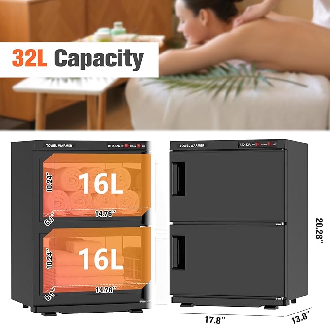 Large 32L Hot Towel Warmer Cabinet for Estheticians, Professional Double Door Towel Heater for Massage, Babers, Facial Spa, Hair Salon, Bathroom