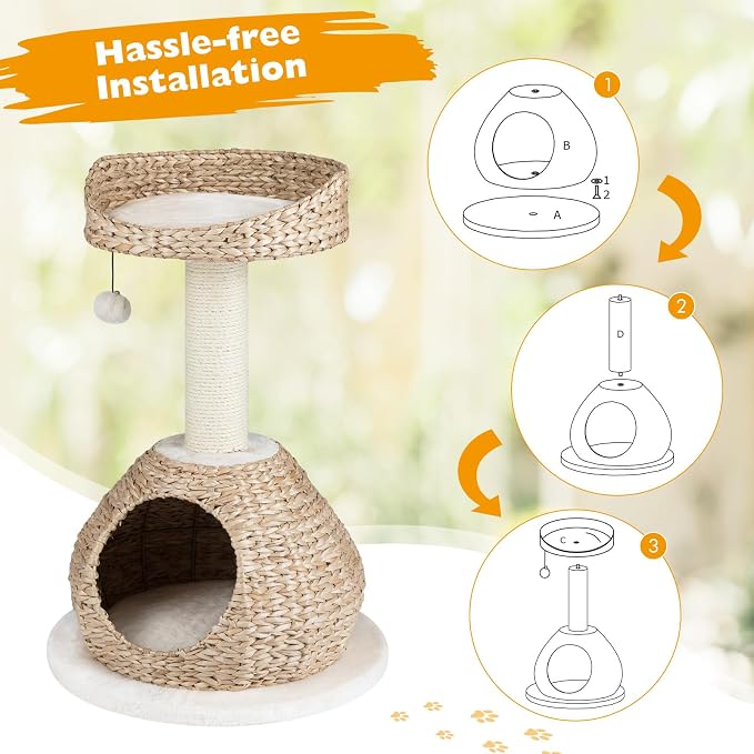 Tangkula Modern Cat Tree, Small Cat Tower with Natural Sisal Scratching Post, Hand-Made Wicker Cat Condo & Top Perch, Funny Hanging Toy Ball, Cute Cat Tree Tower for Indoor Cats