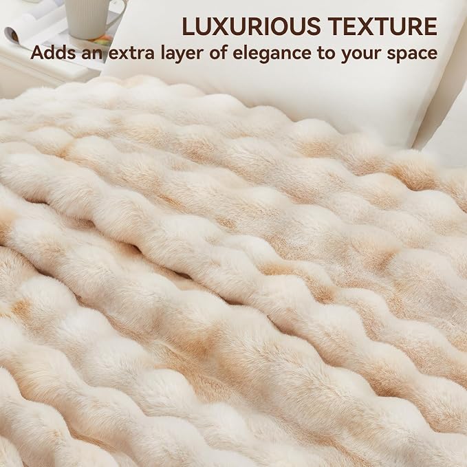 Anysay Faux Fur Throw Blanket, 1000GSM Fluffy Soft Bubble Blanket 80''*90'' | Cozy Plush Warm and Thick Blanket for Couch Bed, Fuzzy Rabbit Throw for Living Room Bedroom Camel