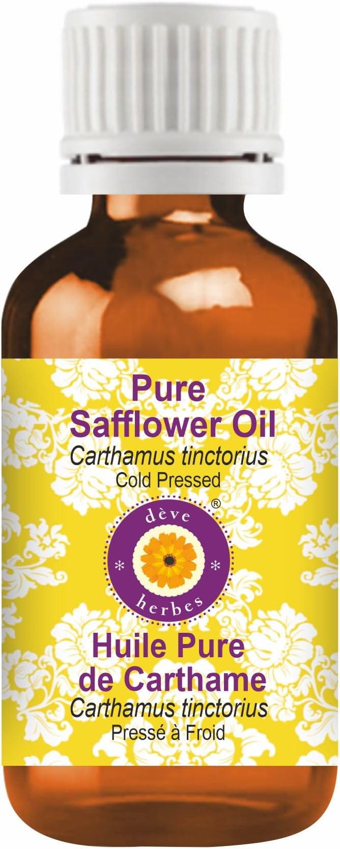 Deve Herbes Safflower Oil (Carthamus tinctorius) | Cold Pressed | Pure | Natural | Undiluted | For Diluting Essential oils | For Skin & Massage | Non-Sticky| Lightweight| Men & Women | 100ml (3.38 oz)