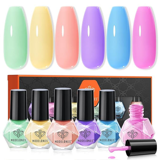 modelones Nail Polish Set, 6 Colors Spring Summer Easter Macaron Pastel Nail Polish Soft Pink Purple Blue Green Orange Quick Dry Nail Polish Kit Salon Home DIY Manicure Kit Gift For Women Girl