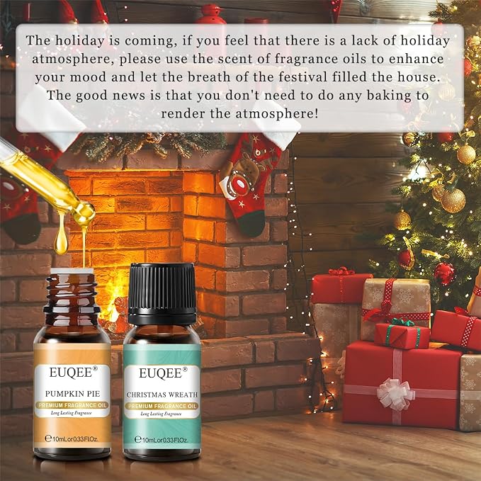 EUQEE Holiday Cheer Premium Fragrance Oils Set of 6 - Forest Pine, Christmas Wreath, Brown Sugar, Harvest Spice, Gingerbread, Pumpkin Pie - Scented Oils for Diffuser, Candle Making (10ml)