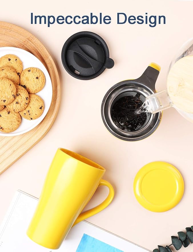 Tea Mug with Infuser and 2 Lids, 18oz Large Tea Infuser Cup, Tea Strainer Mug for Loose Leaf, Ceramic Travel Mug with Teabag Holder (Yellow)
