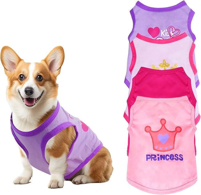 Pistha 4 Pack Dog Shirts Summer Printed Puppy Clothes Cute Sleeveless Pet T Shirts Dog Clothes for Small Medium Dogs Cats Girl(XS)