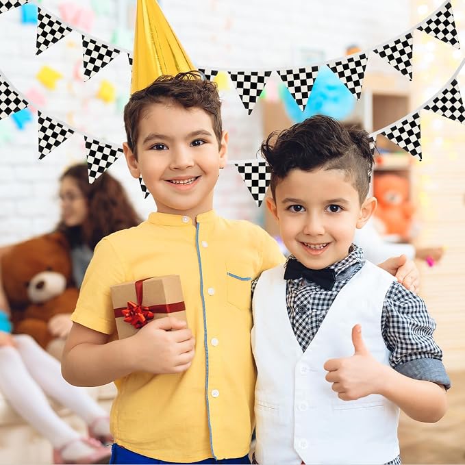Boys Room Wall Art Decor,Cars Room Decor for Toddler Nursery Playroom, Black and White Checkered Garland Banners,(Set of 2）Racing Flags 11Ft Bunting Flags Fabric for Baby Shower Birthday Party