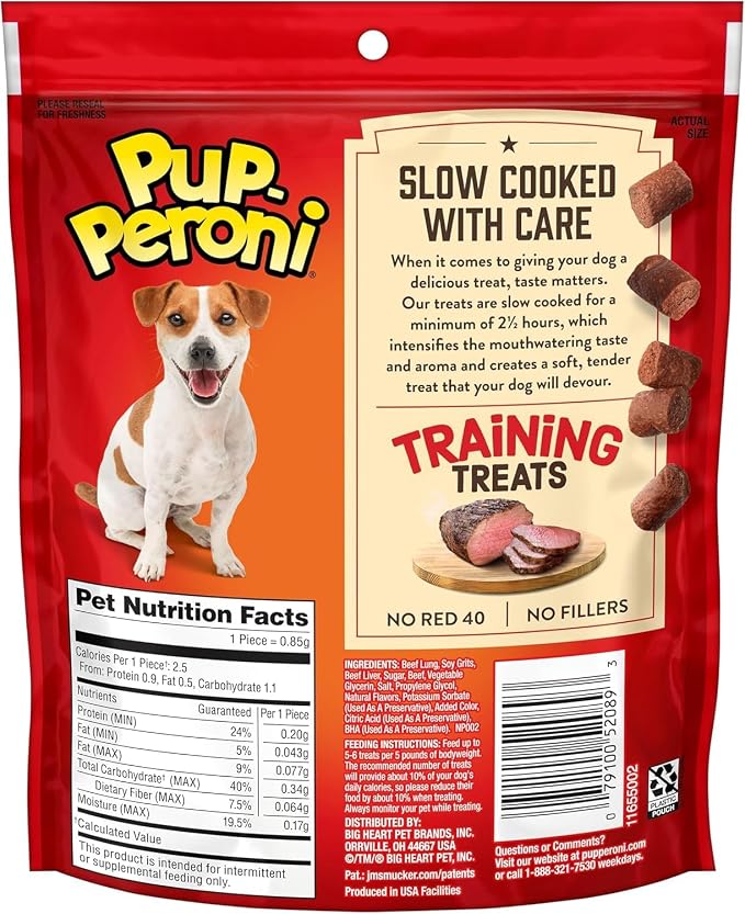 Pup-Peroni Dog Training Treats Made With Real Beef, 8 Bags (5.6 Oz. Each) | Slow cooked 2.5+ hours for a tender texture & rich, meaty taste. 24% protein. No fillers. No Red 40.
