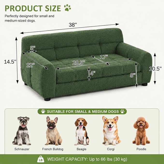 38"x22" DOD Sofa for Small & Medium Dogs | Removable Cushion Cover | Stable Low-Leg Frame | Breathable Linen Fabric | Armrest & Backrest | Easy to Clean |Olive Green