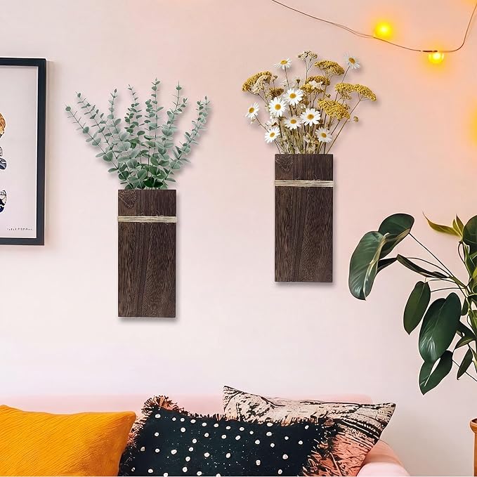 Wall Planters for Indoor Plants Set of 2, Rustic Boho Wood Wall Vases for Dried Flowers & Artificial Plants, Modern Farmhouse Home Decor for Living Room Bedroom Kitchen Dining Room - Dark Brown