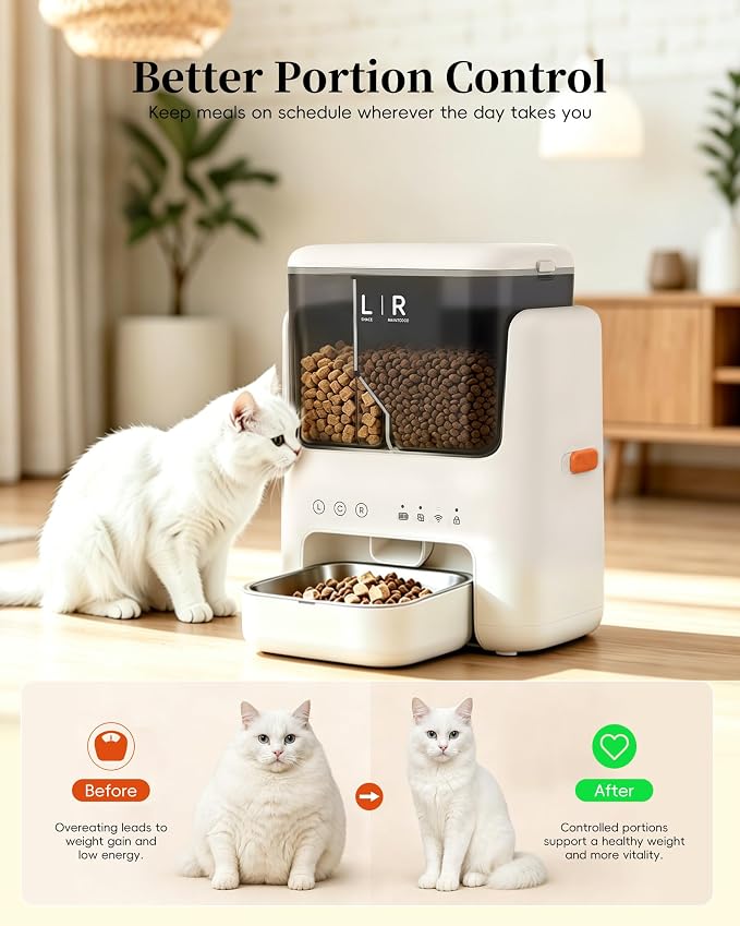 Automatic Cat Feeder, Dual Hopper for Meals & Treats, App Control | Two dry food choices, app feeding plans, 5L capacity, removable bowl, and backup power option for indoor feeding.