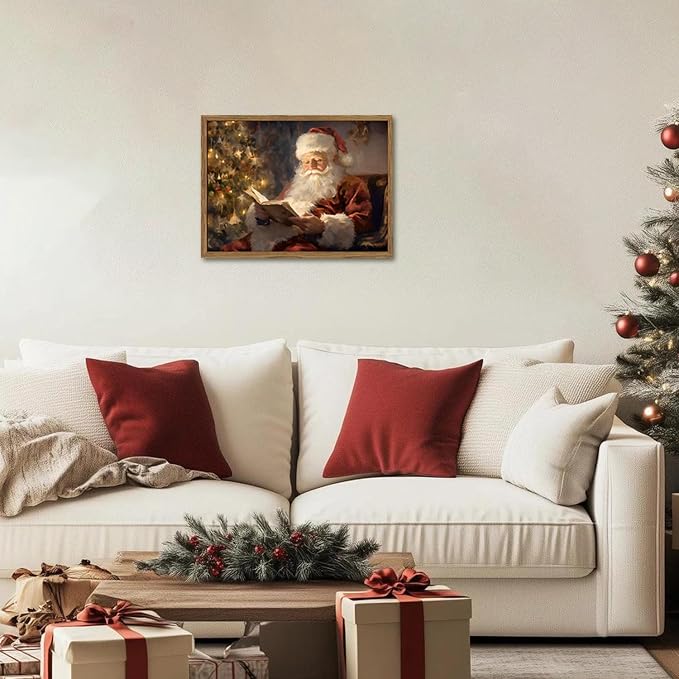 Framed Vintage Christmas Canvas Wall Art, Santa Claus Reading Book Paintings Wall Decor, Rustic Winter Holiday Pictures Prints for Living Room Bedroom Home Decoration 12×16 inch