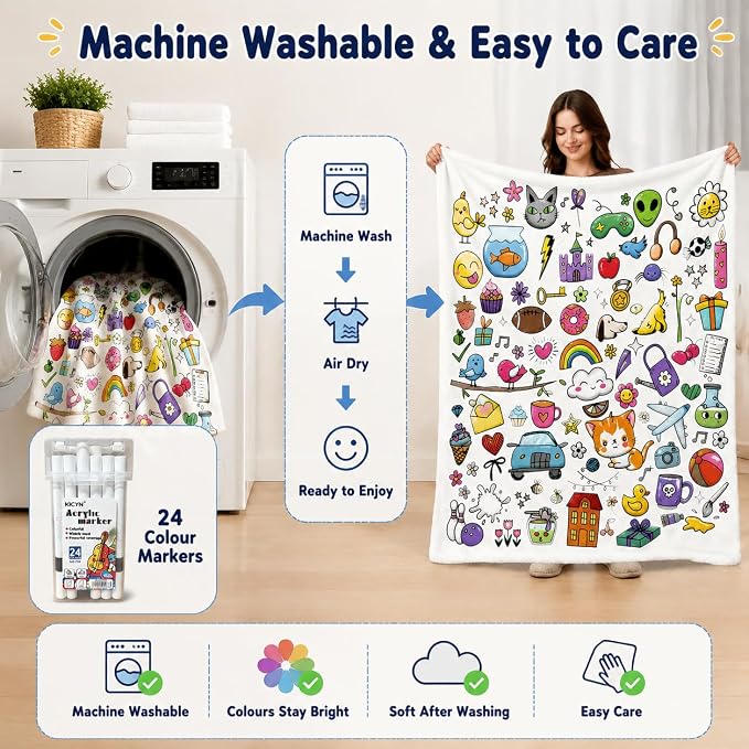 VEELU DIY Cartoon Coloring Blankets with 24 Colors Markers for Adults | Color In Your Own Blankets With 24 Colors Markers, Snuggle Color Sketch Washable Blankets Kit Home Decor