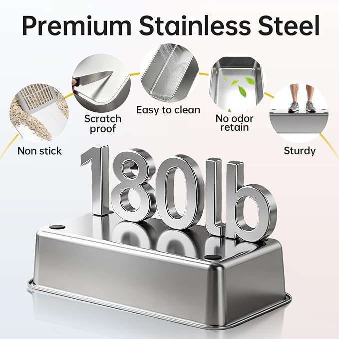High-Sided Stainless Steel XL Cat Litter Box for Cats | High-sided design prevents urine leakage. Non-stick and easy to clean. Includes scoop.