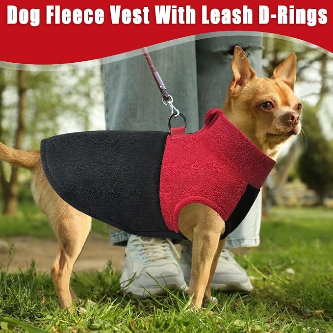 Idepet Dog Fleece Vest Sweater Zip Up Warm Pullover Dogs Jacket with D-Ring Leash Winter Cold Weater Coat Pet Sweatershirt Clothes Hoodie for Small Medium Dogs Boy Girl (Red/Black, M)