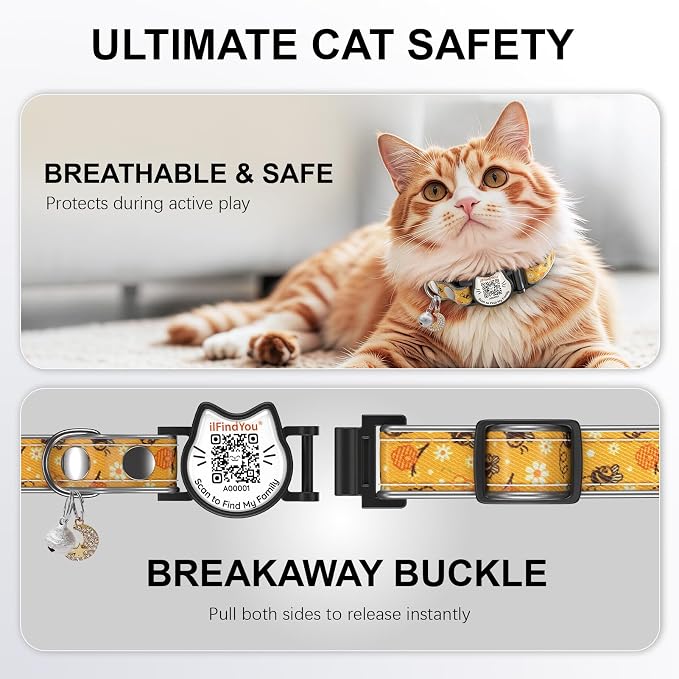 Breakaway Cat Collar QR Code, Reflective Bell, Adjustable Kitten, Bees