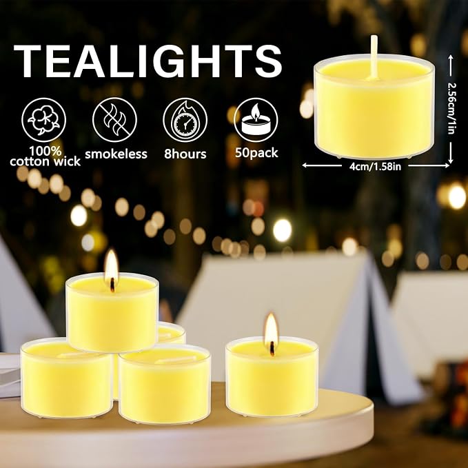 Fclayvts 8-Hour 50Pack Citronella Tealight Candles, Outdoor and Indoor Summer Scented Candle,Natural Soy Wax Candle for Home Patio Garden Yard Balcony,BBQ Birthday Emergency