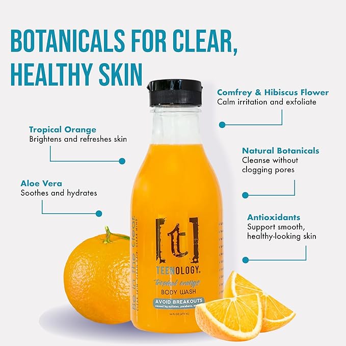 Teenology Body Wash for Teens, Avoid Acne Breakouts, Sulfate & Paraben Free, with Natural Botanical Extracts for Clear & Healthy Skin, 16 oz - (Tropical Orange)