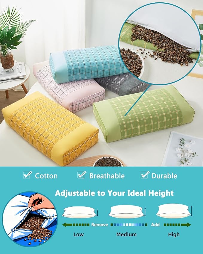 Buckwheat Cube Pillow for Side Sleepers, 19.6"x9.8" Neck Pain Relief Cervical Pillow, Buckwheat Hulls Filling & Customizable Height, Plaid Pillow Covers, Gray,Gray