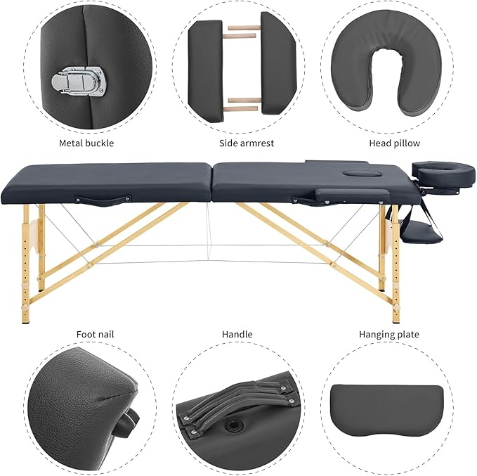 Artechworks Massage Table Massage Bed Portable Lash Bed for Eyelash Extensions Beauty Tattoo Table Adjustable for Spa Salon,Lightweight (Black, 2 Folding No Bag)