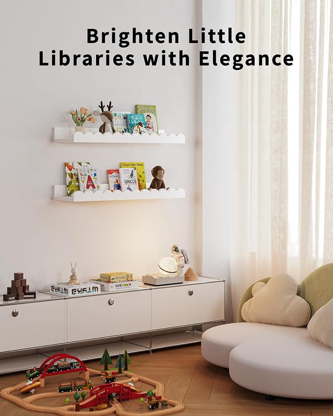 Shario Nursery Book Shelves, 8-Pack White Floating Shelves for Wall Kids, Scalloped Shelves, Wall Book Shelves for Bedroom Kids, Toddler Room, Baby Room, Nursery Decor