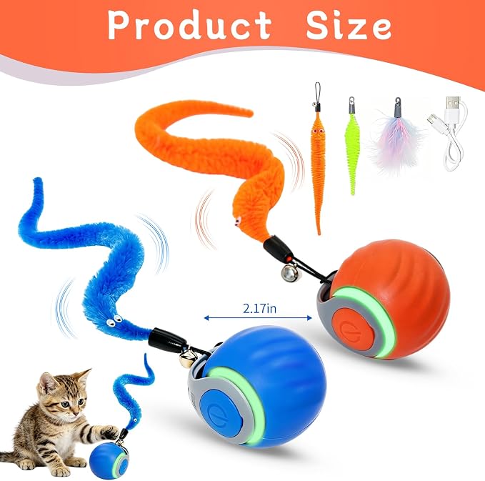 Interactive Cat Toy Ball - Automatic Moving Cat Ball for Indoor Cats with 3 Tails, Rechargeable Silent Kitten Toy for Boredom & Exercise, Rolling Ball Toy with 2 Modes & 2 Speeds.