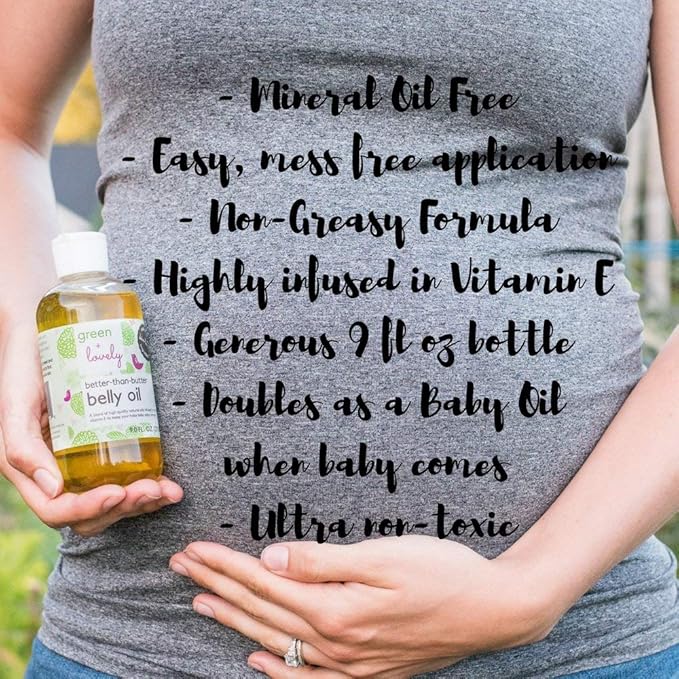 Green + Lovely Better than Butter Belly Oil Pregnancy Stretch Mark Prevention, Stretch Mark Cream, Pregnancy Must Haves, Pregnancy Essential, Enhanced Vitamin E Skin Elasticity, 9 Fl Oz Unscented
