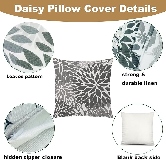 COMMINY Grey Pillow Covers 18x18 Set of 6 Decorative Daisy Flower Throw Pillow Cover for Couch Modern Cushion Cover for Patio Living Room Cushion Bed Farmhouse Home Decor | Flower Bloom, Farmhouse Cushion Cover, Breathable Linen, Standard Throw Pillow ...